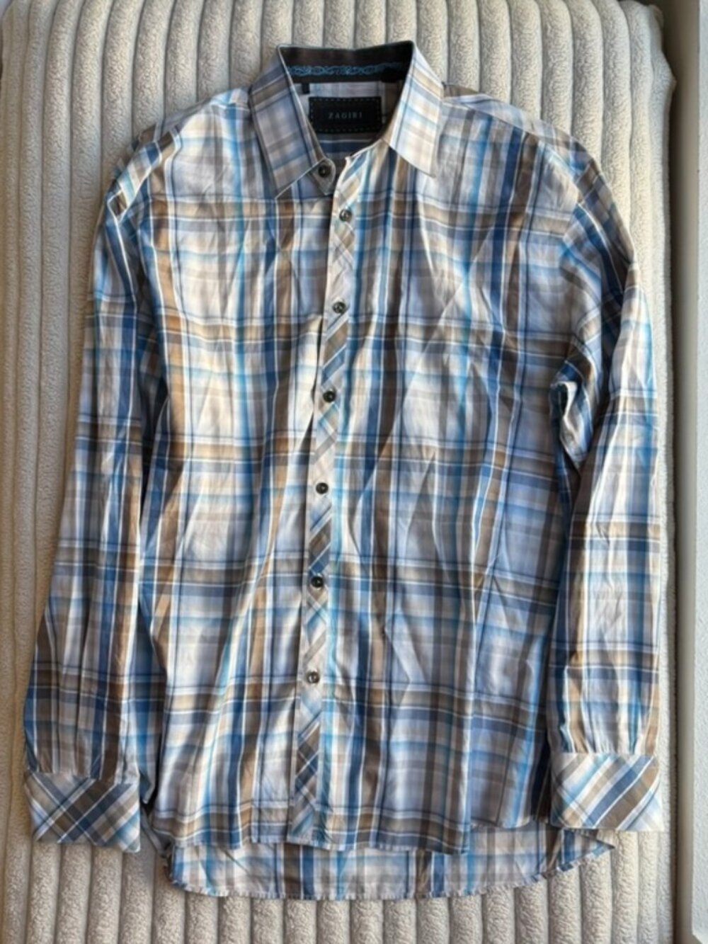 Zagiri Men's Button Up Size Extra Large White Blue Plaid Multicolor Long Sleeve